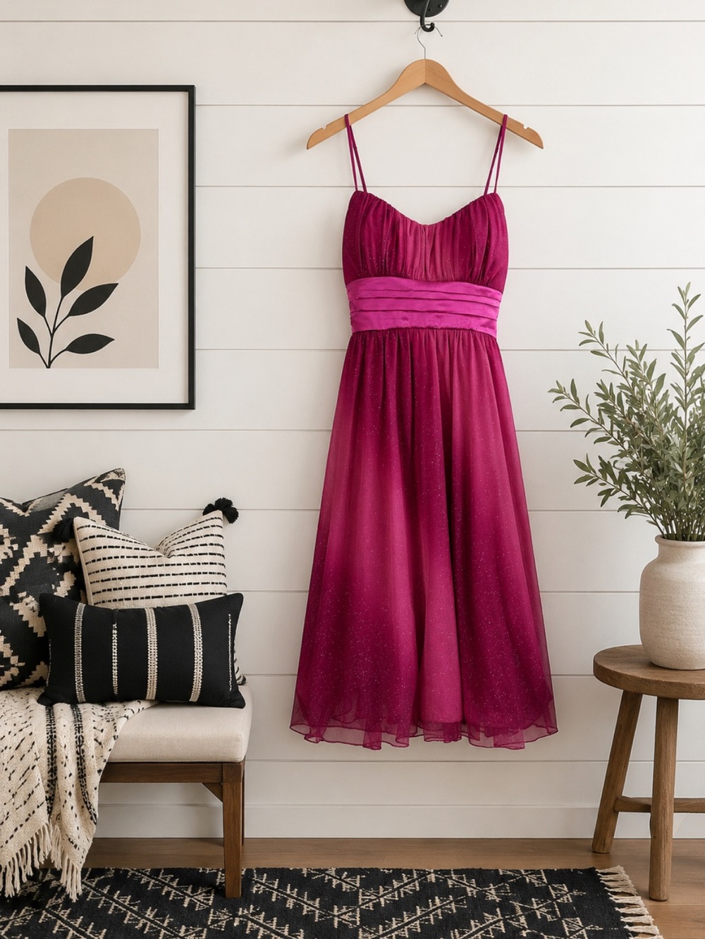 Ruby Rox Fuchsia Glitter Overlay Chiffon Spaghetti Strap Party Dress